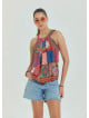 Halter Neck Button Detail Pleated Blue Sleeveless Blouse 4676